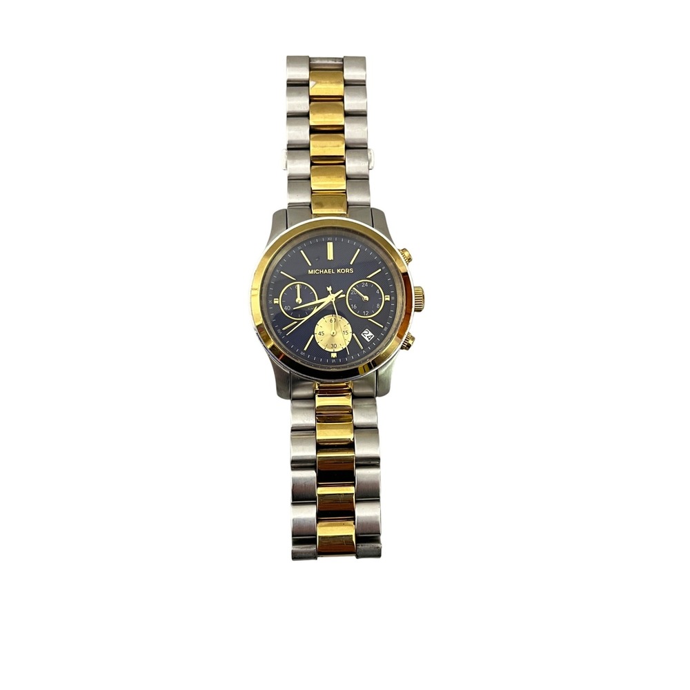 Michael Kors Runway Chronograph Watch Silver Gold MK-6165 Blue Dial NEEDS BATT